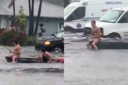 Tres hombres salieron y fueron vistos en canoas y, con cañas de pescar, durante las peligrosas inundaciones registradas en Florida (EEUU).