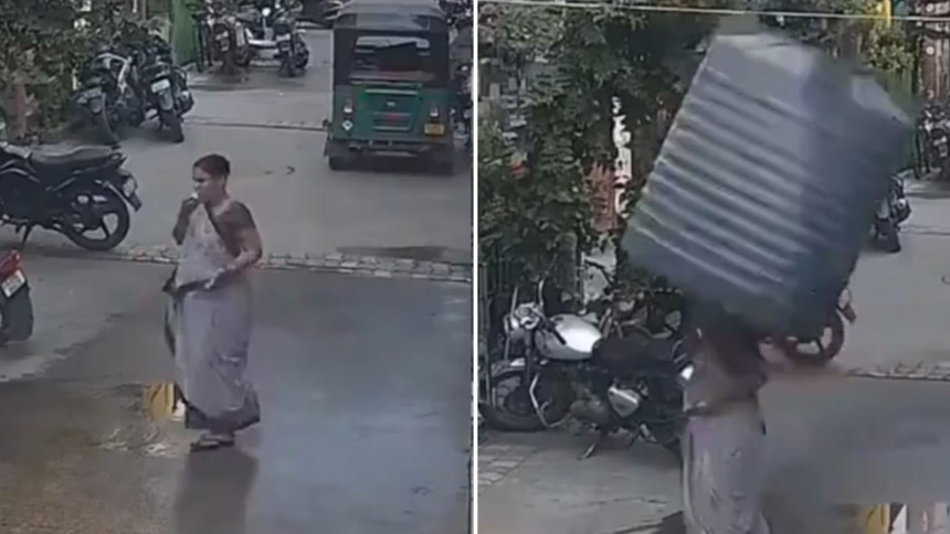 EN VIDEO: Le cayó un tanque encima desde lo alto de un edificio y resultó ilesa