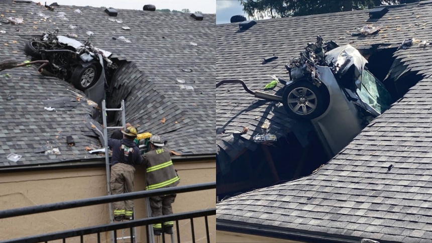 Un carro salió despedido de la carretera y aterrizó sobre el techo del Clay-Ray Veterans Memorial Hall en Excelsior Springs, Misuri (EEUU), se trata del segundo incidente en tres meses.  