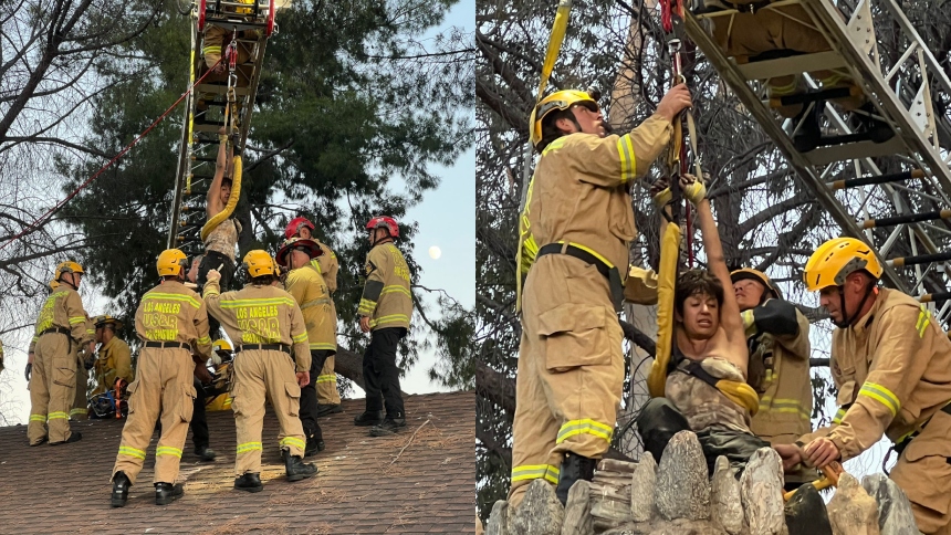 Bomberos del Departamento de Los Ángeles protagonizaron un dramático rescate en an Fernando, California (EEUU), al liberar a una mujer que había quedado atrapada dentro de una chimenea en un centro recreativo.  
