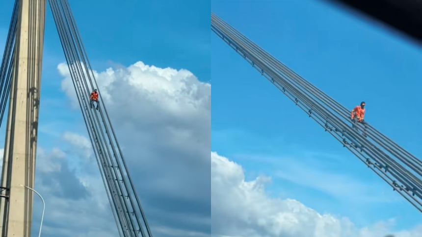 VIDEO VIRAL: El temerario trabajador bajó por una guaya del puente sobre el Lago de Maracaibo