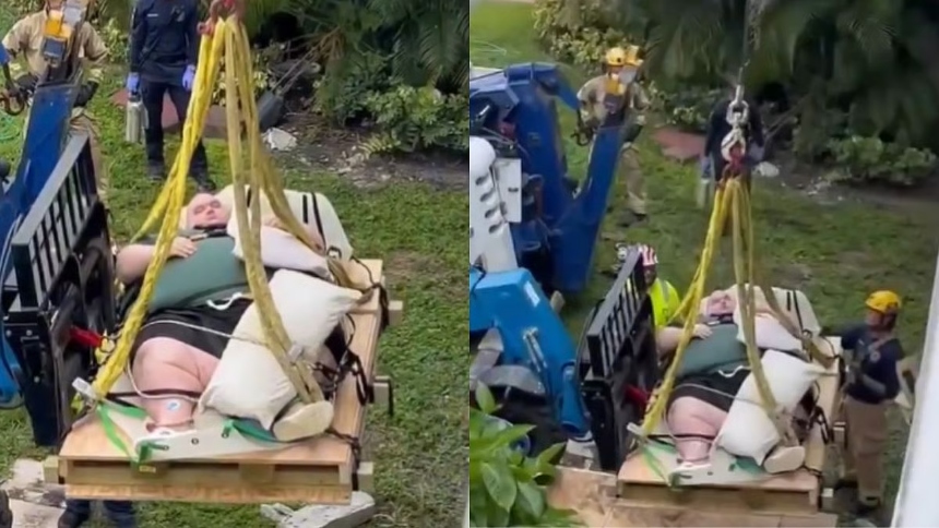 En una escena que rápidamente se volvió viral, los servicios de emergencia de West Palm Beach, en Florida (EEUU), llevaron a cabo un operativo con grúa poco común para asistir a un hombre con obesidad mórbida que requería atención médica urgente.  