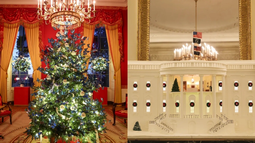 Melania Trump presentó este lunes, 1 de diciembre, las decoraciones navideñas de la Casa Blanca para 2025 bajo el lema “El hogar está donde está el corazón”, una propuesta que combina tradición, patriotismo y un homenaje al 250 aniversario de la independencia de Estados Unidos.  