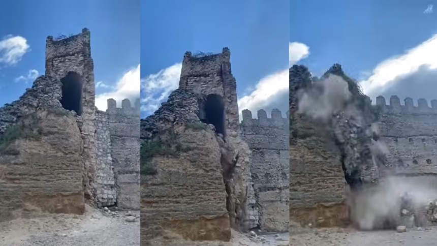 Registran en video el momento en que se desplomó la torre de un castillo medieval y puso a correr a los presentes
