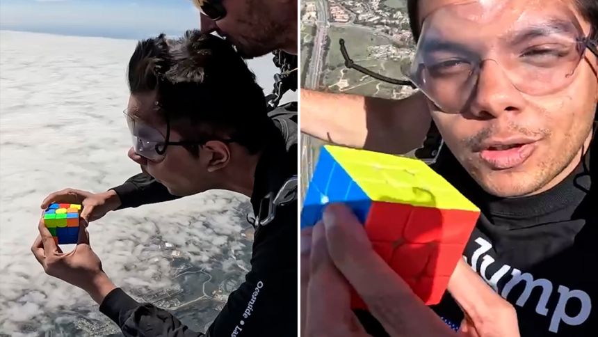 VIRAL: Consiguió un récord Guinness al resolver dos cubos Rubik durante un salto en paracaídas