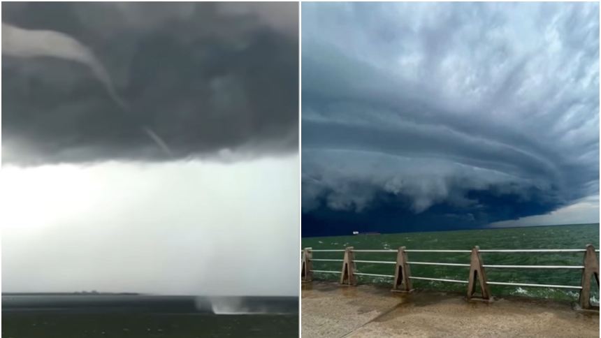La tromba se formó este domingo en el Lago de Maracaibo, en medio de las lluvias. Fotos capturas de videos RRSS.